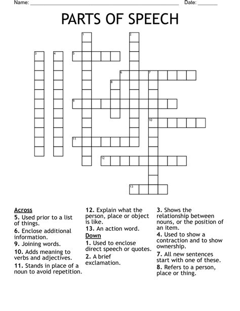 parts of speech crossword puzzle|printable parts of speech chart.